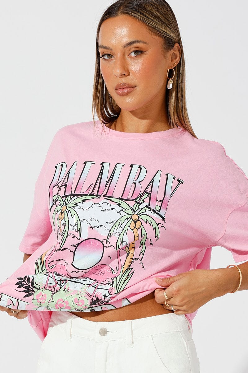 Pink Graphic Tee Tropical Palm Slogan Oversized Tshirt for Ally Fashion