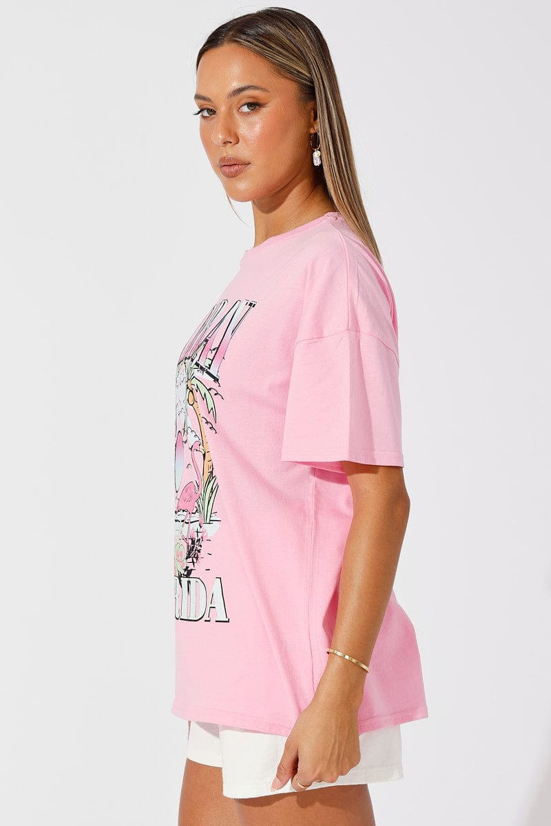 Pink Graphic Tee Tropical Palm Slogan Oversized Tshirt for Ally Fashion