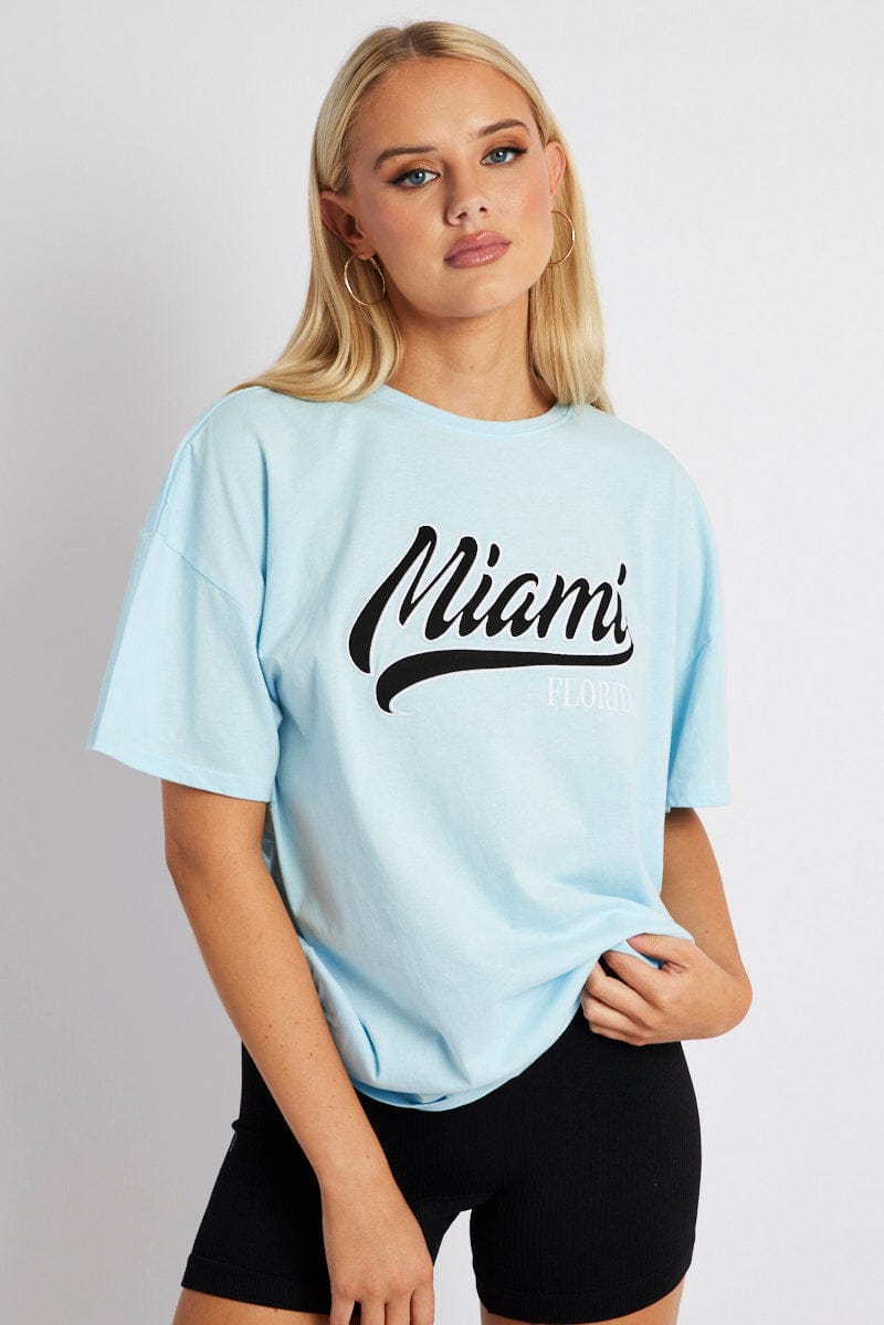 Blue Embroidery Baby Tee Slogan Crop T-shirt for Ally Fashion