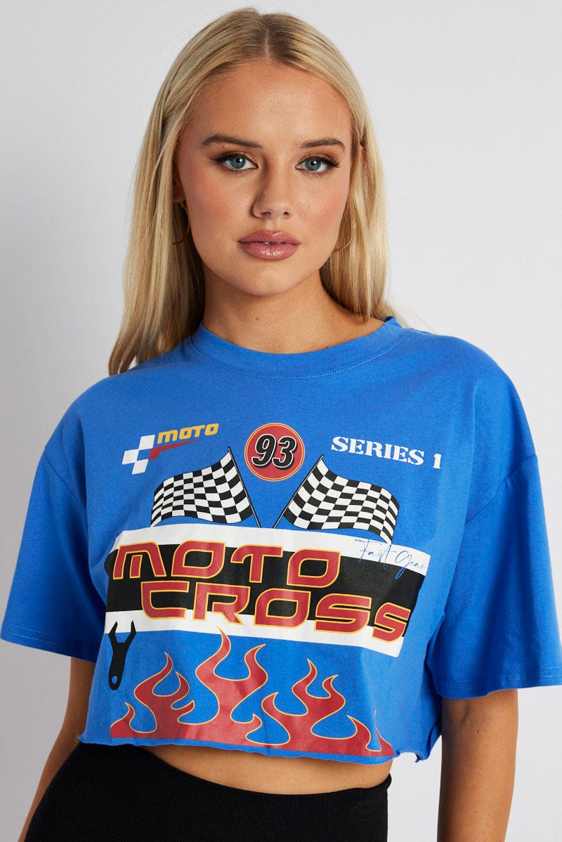 Blue Graphic Tee Motocross Racing Crop Top T-shirt for Ally Fashion