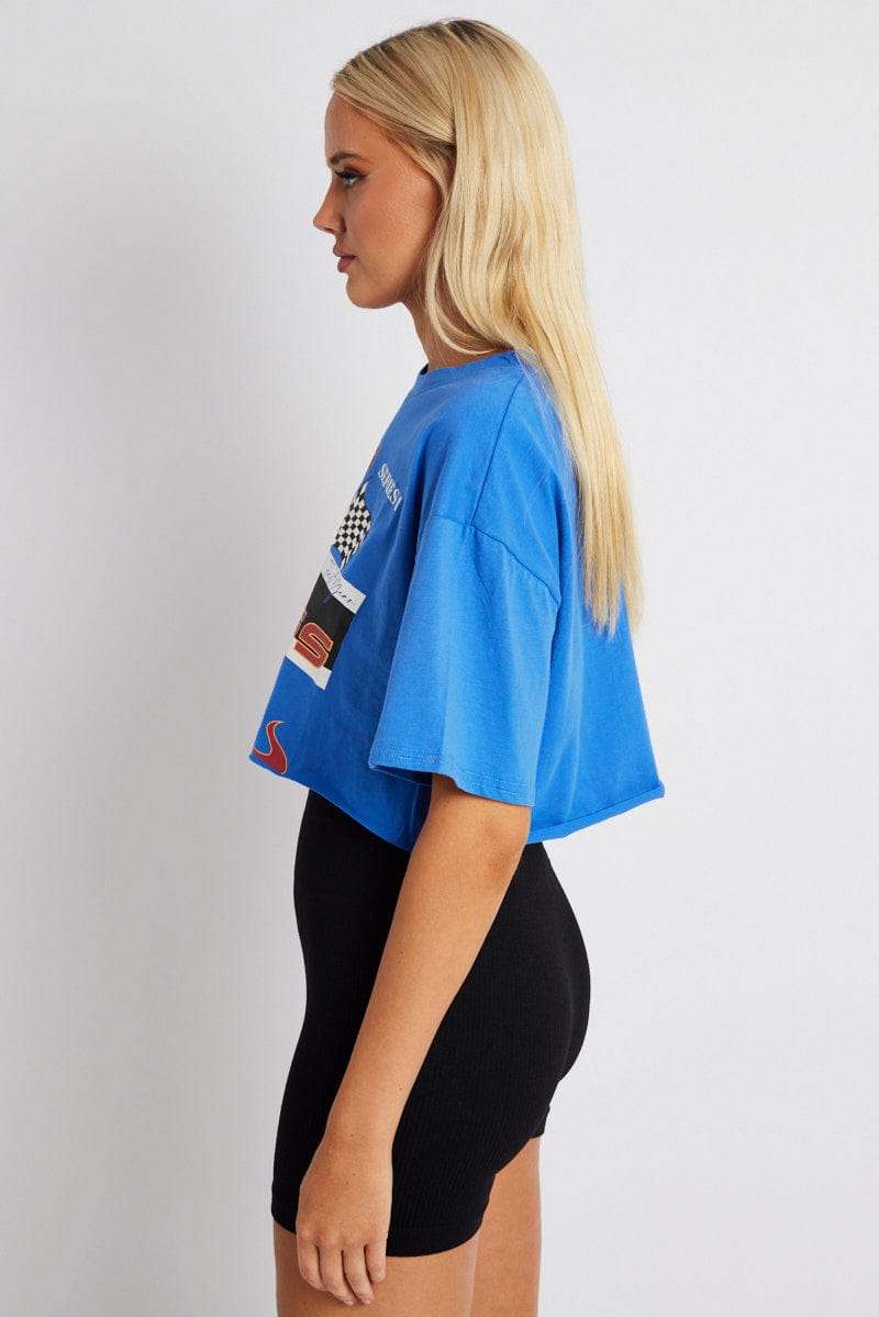 Blue Graphic Tee Motocross Racing Crop Top T-shirt for Ally Fashion