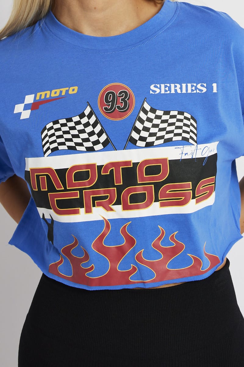 Blue Graphic Tee Motocross Racing Crop Top T-shirt for Ally Fashion