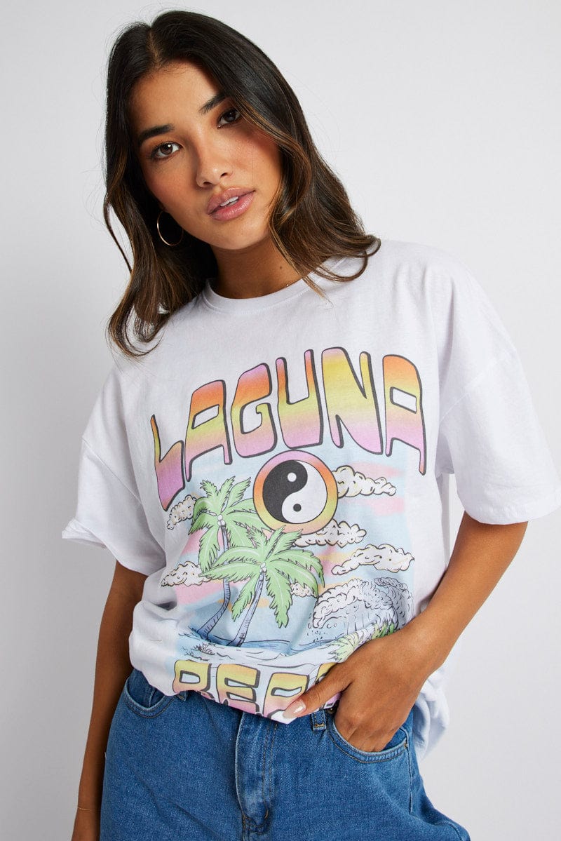 White Graphic Tee Laguna Beach Surf Slogan T-shirt for Ally Fashion