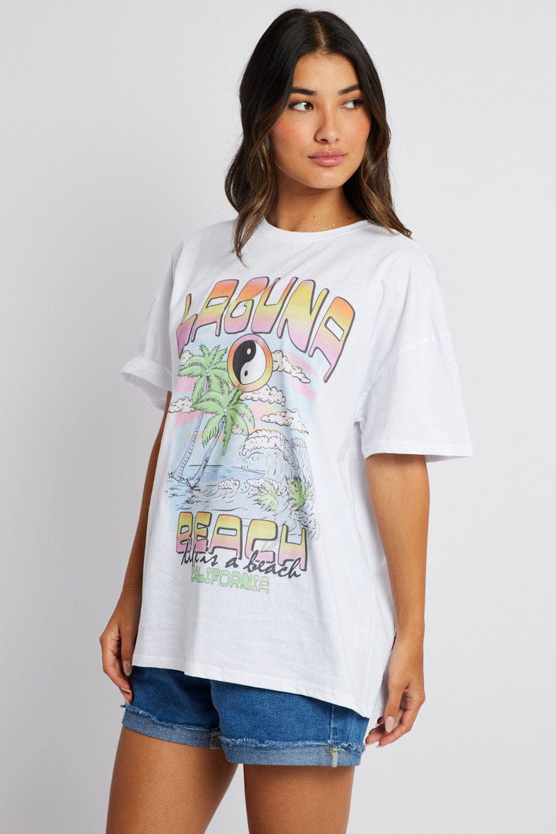 White Graphic Tee Laguna Beach Surf Slogan T-shirt for Ally Fashion