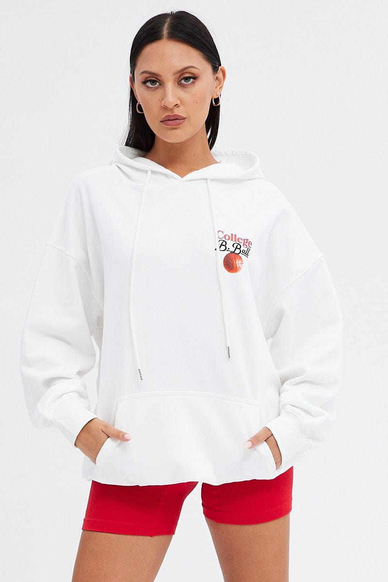 White Hoodie Sweater Long Sleeve Longline Basketball | Ally Fashion