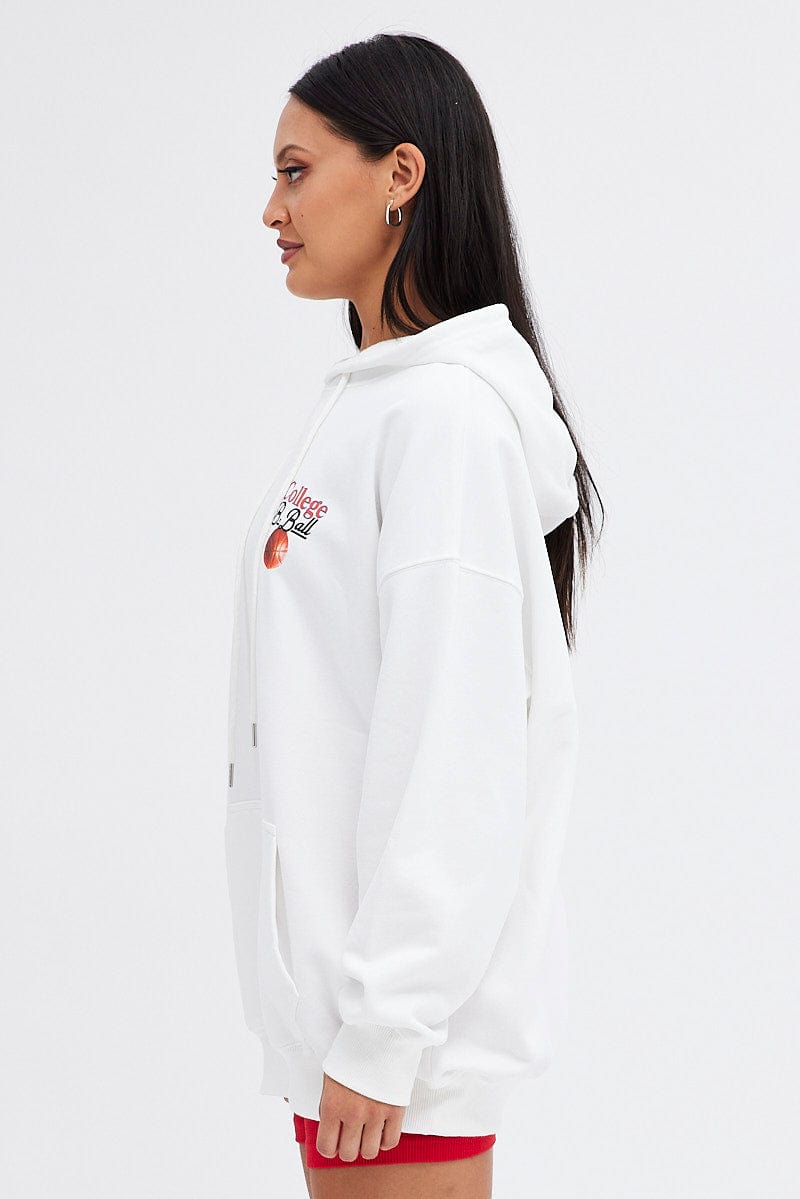 White Hoodie Sweater Long Sleeve Longline Basketball | Ally Fashion