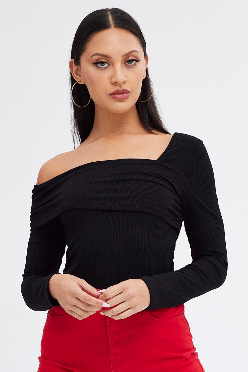 With It Black Long Sleeve One-Shoulder Top