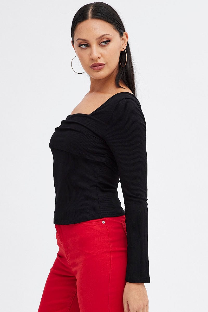 Black Top One Shoulder Long Sleeve Rib for Ally Fashion