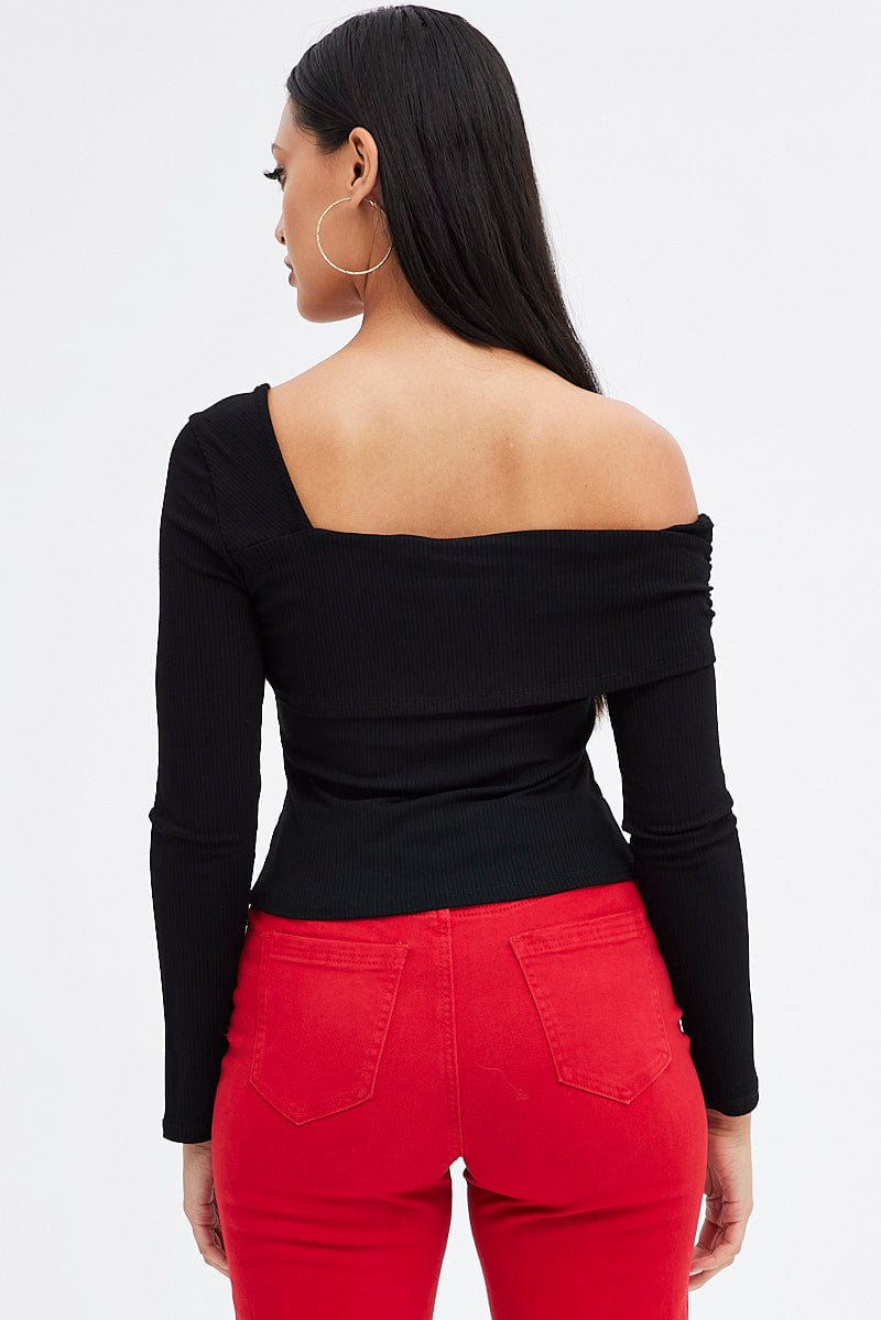 Black Top One Shoulder Long Sleeve Rib for Ally Fashion