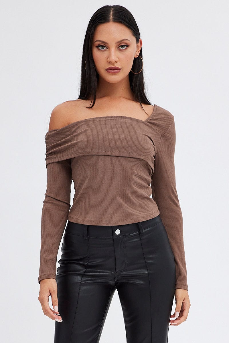 Brown Top One Shoulder Long Sleeve Rib for Ally Fashion