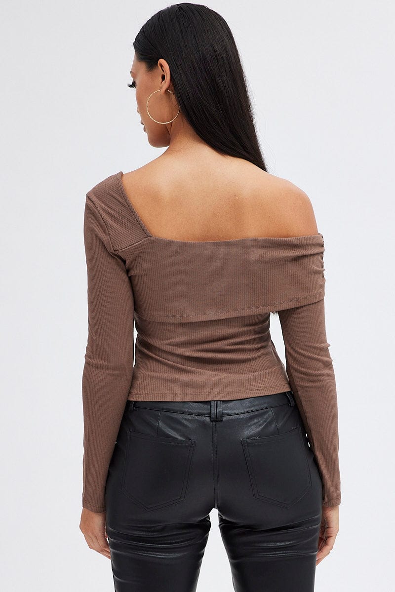 Brown Top One Shoulder Long Sleeve Rib for Ally Fashion