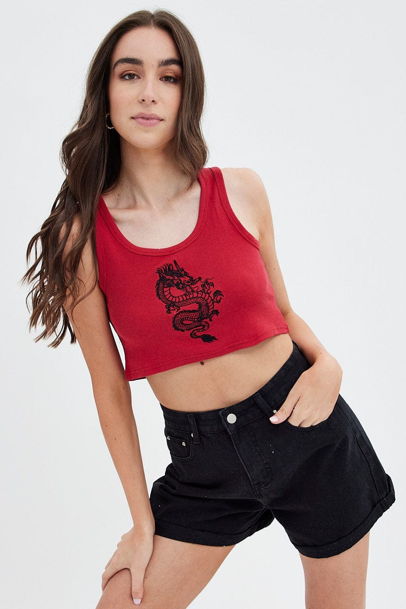Red Rib Tank Top Dragon Embroidery | Ally Fashion