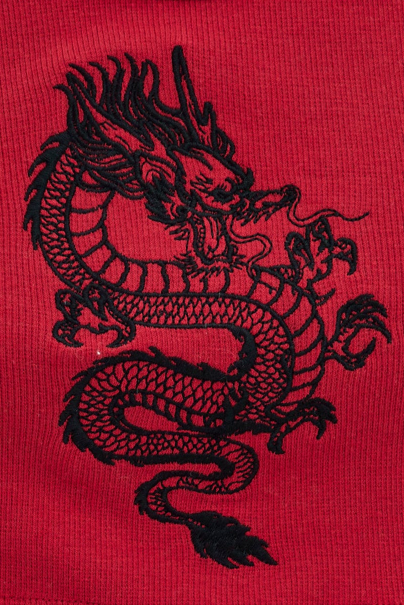 Red Rib Tank Top Dragon Embroidery | Ally Fashion