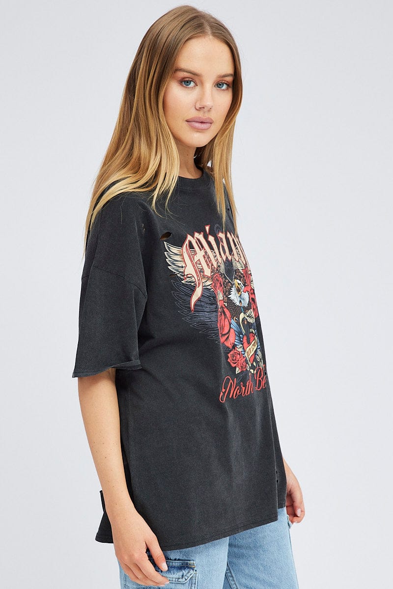 Black Graphic Tee Short Sleeve Round Neck for Ally Fashion