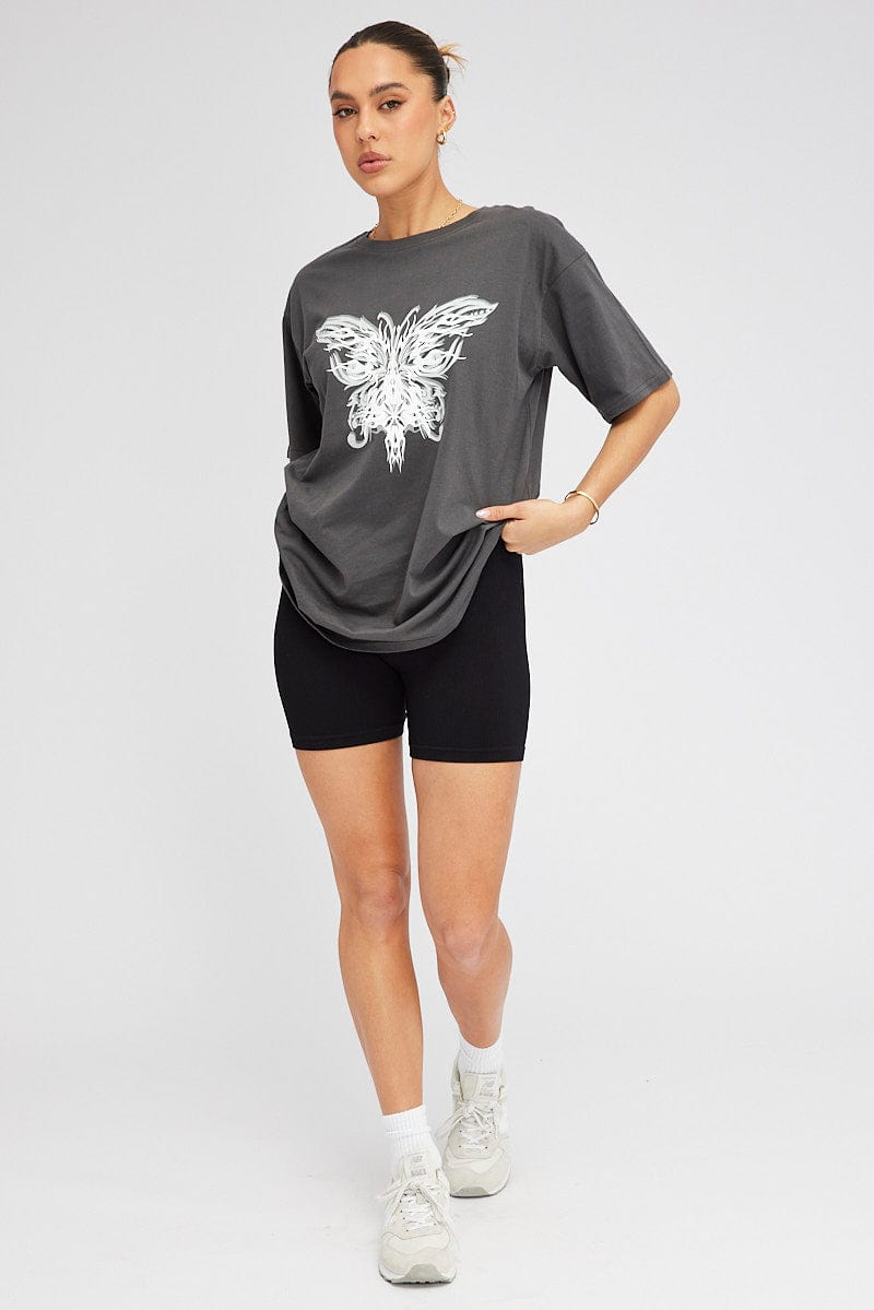 Grey Graphic Tee Short Sleeve Oversized Round Neck for Ally Fashion