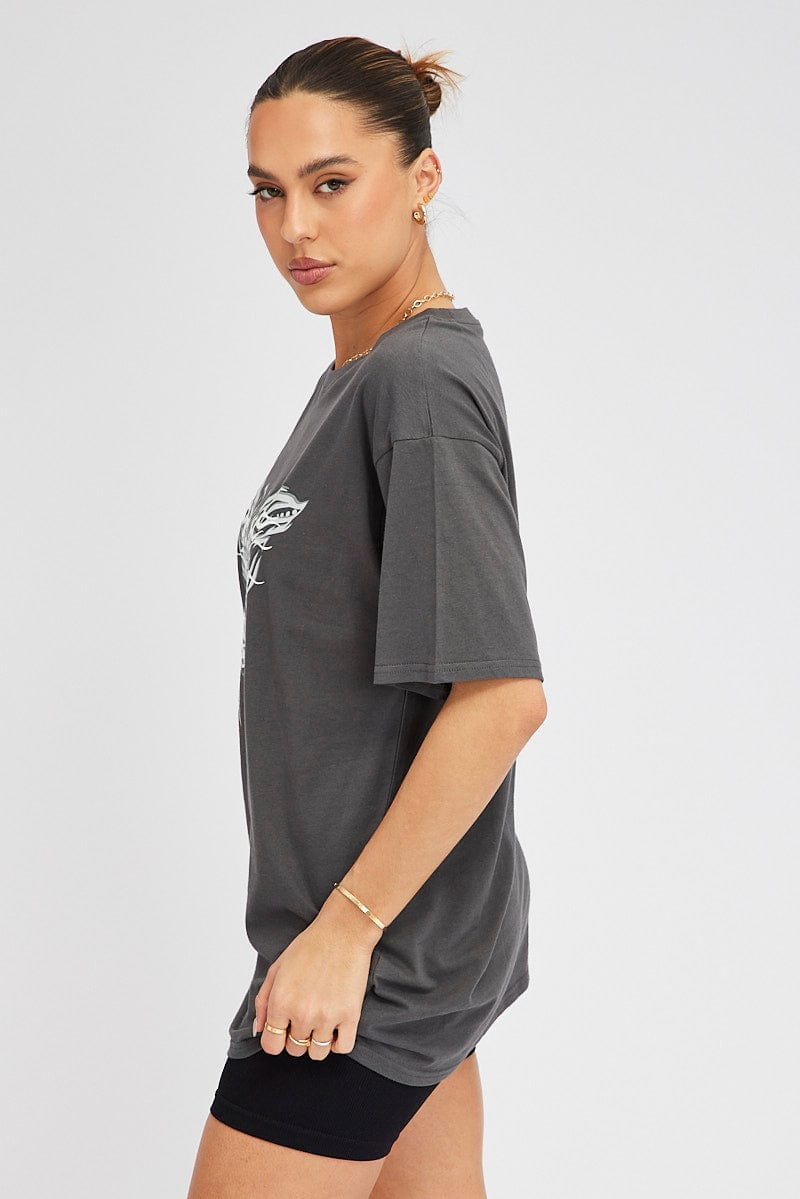 Grey Graphic Tee Short Sleeve Oversized Round Neck for Ally Fashion