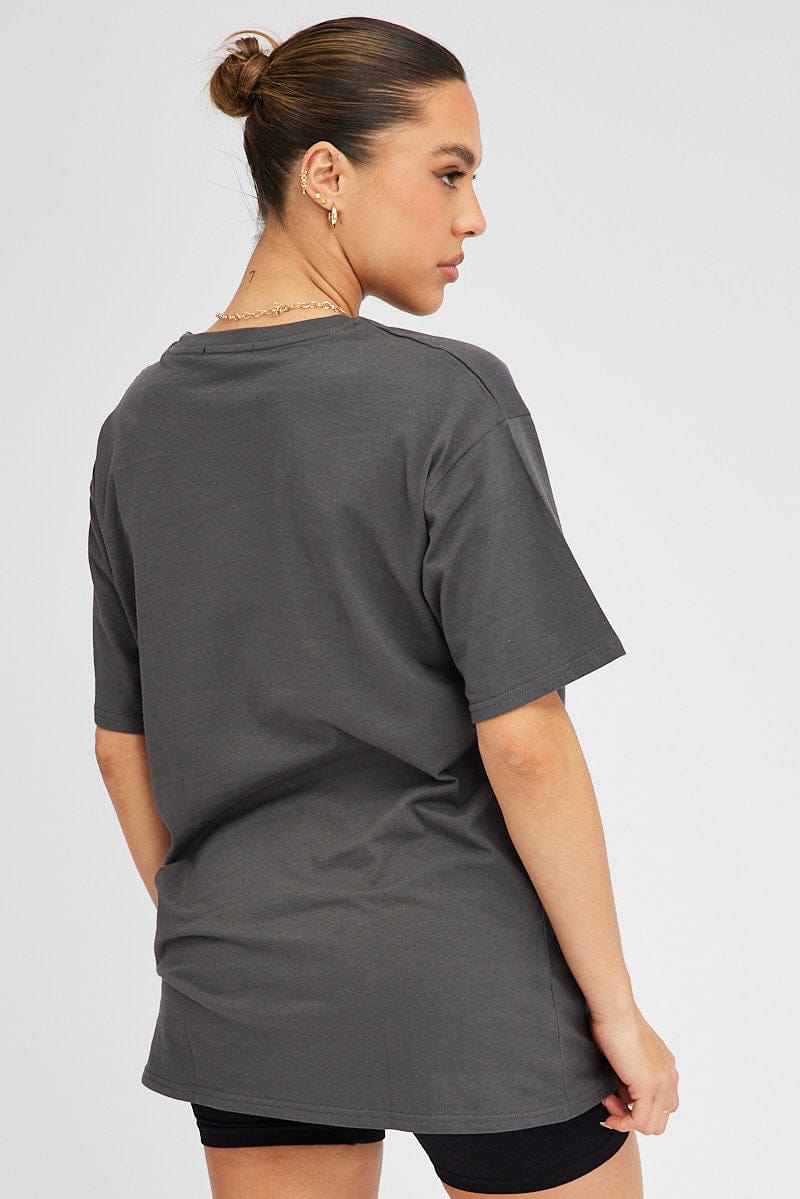 Grey Graphic Tee Short Sleeve Oversized Round Neck for Ally Fashion