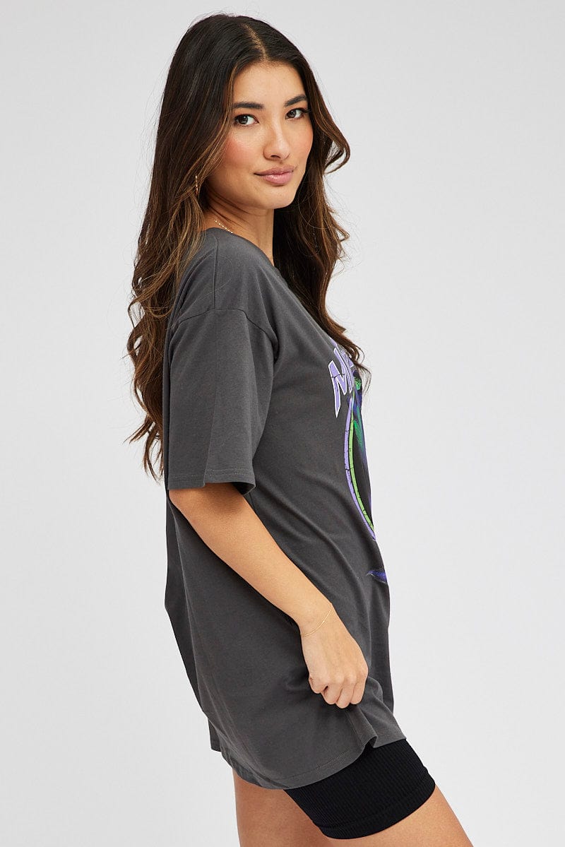 Grey Graphic Tee Short Sleeve Round Neck for Ally Fashion