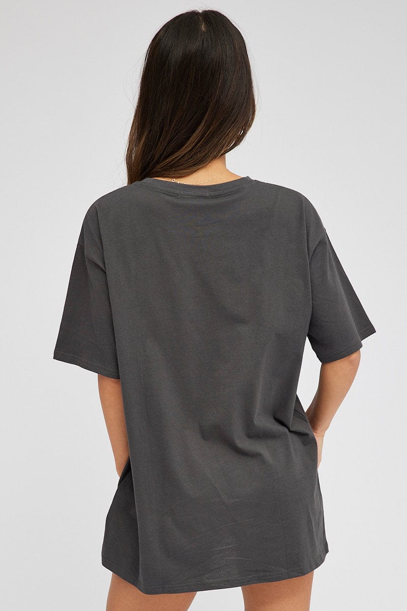 Grey Graphic Tee Short Sleeve Round Neck for Ally Fashion