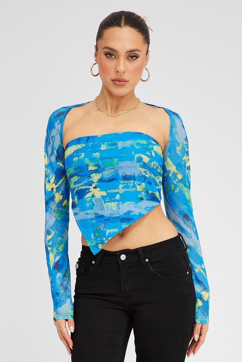 Blue Abstract Shrug & Bandeau Set Long Sleeve Scarf Hem Mesh for Ally Fashion