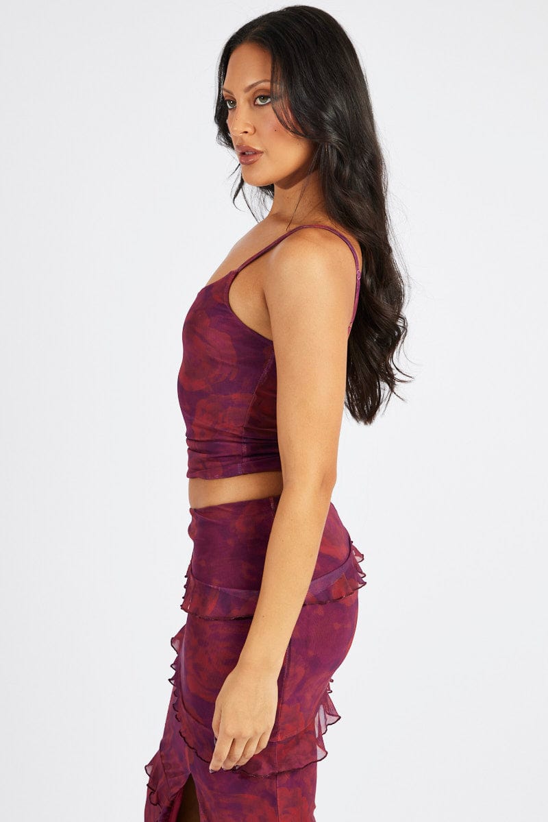 Red Floral Cami Top Sleeveless Mesh for Ally Fashion