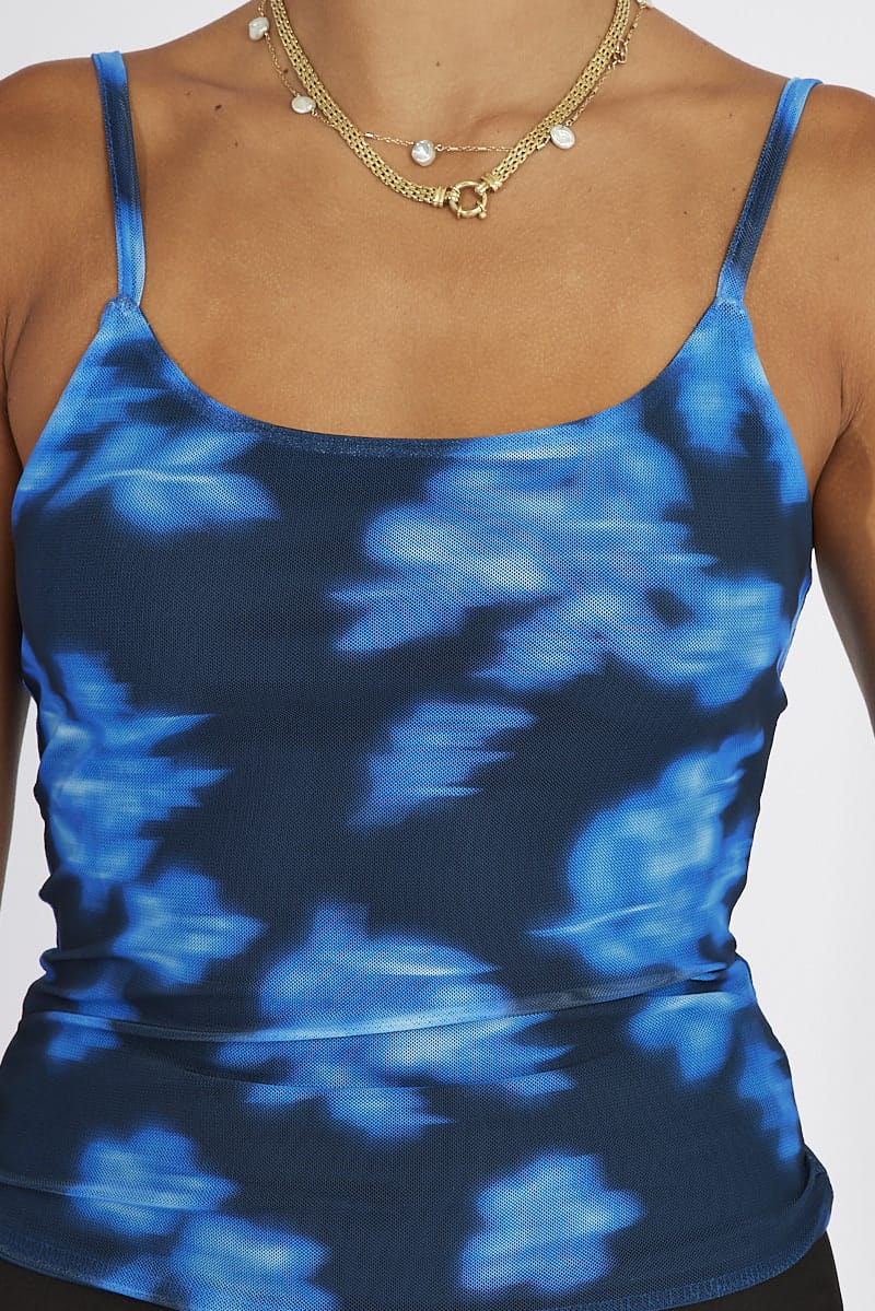 Blue Floral Cami Top Sleeveless Mesh for Ally Fashion