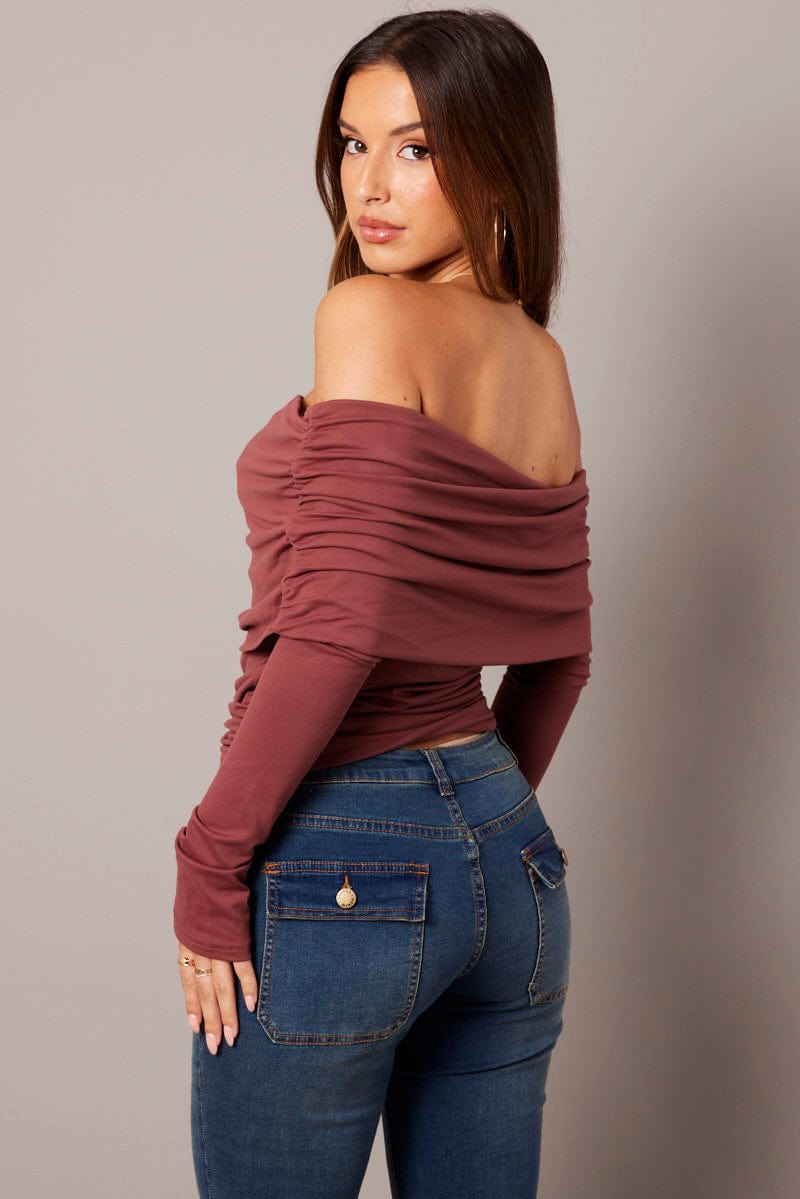 Brown Off Shoulder Top Long Sleeve for Ally Fashion