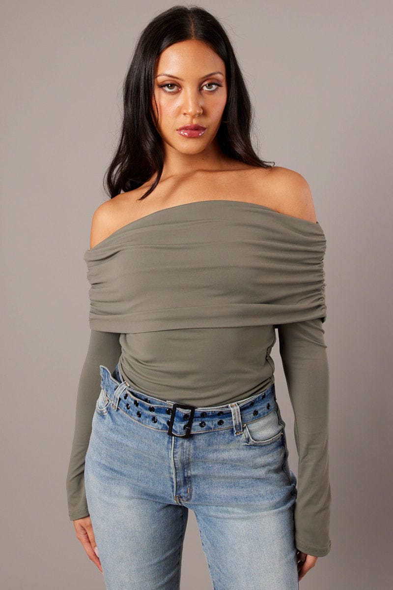 Green Off Shoulder Top Long Sleeve for Ally Fashion