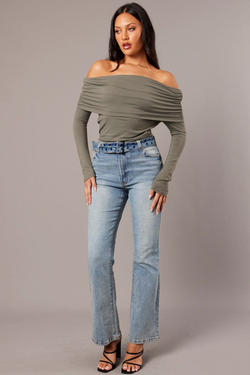 Green Off Shoulder Top Long Sleeve for Ally Fashion