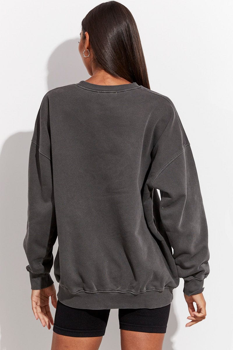 Grey Sweater Long Sleeve Round Neck Printed for Ally Fashion