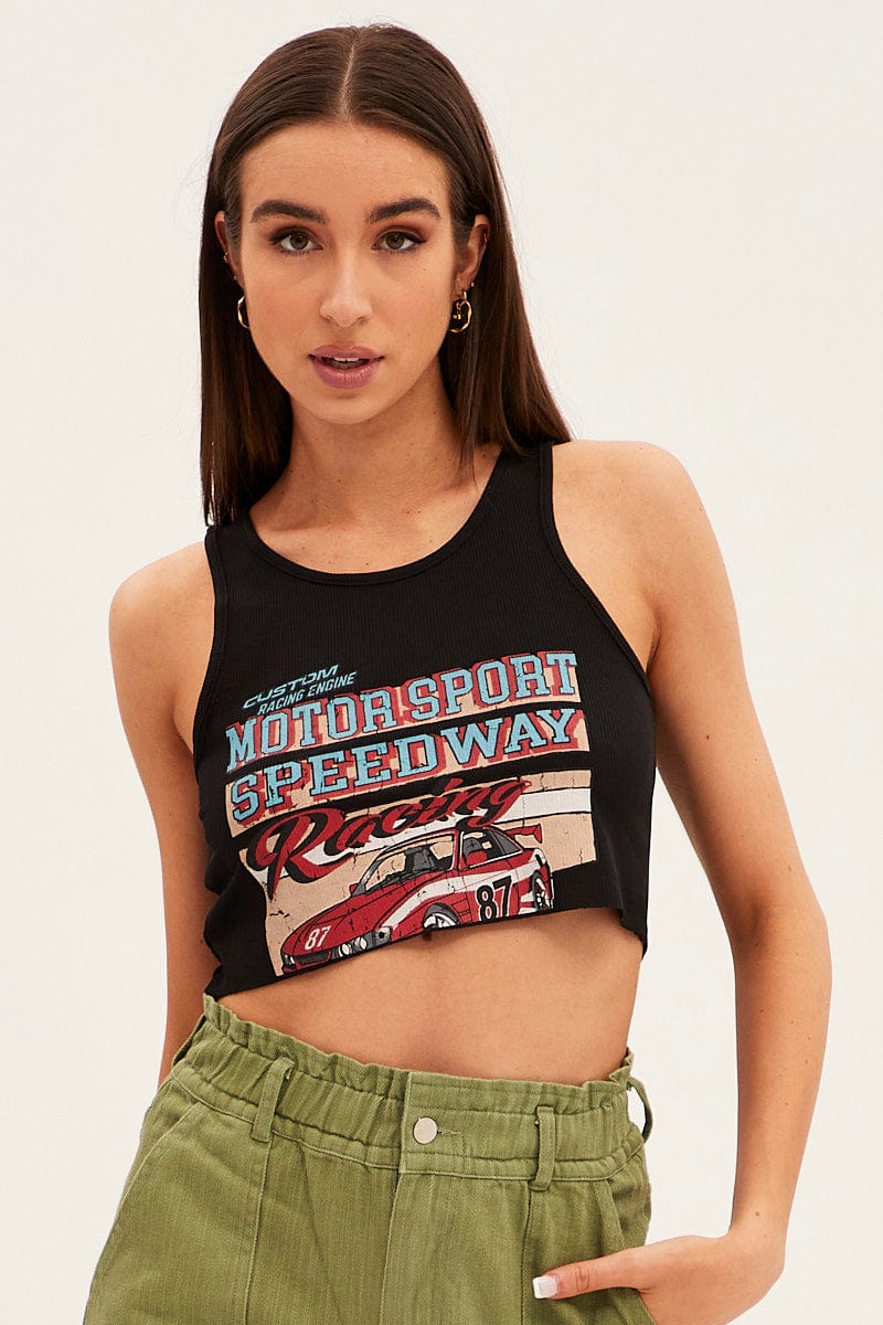 Car Racing Athletic Wear Outfits Black Tank Top Vintage Race Car Crop Raw Hem Ally Fashion