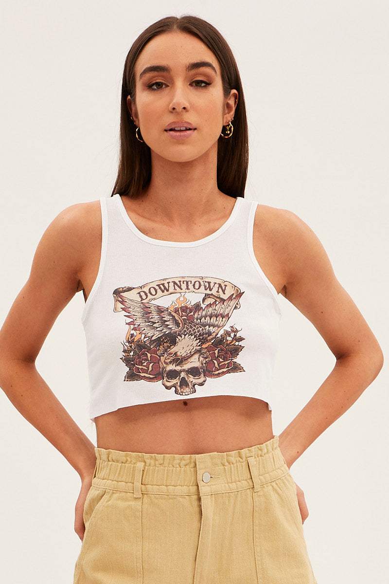 White Tank Top Round Neck Crop Downtown Printed for Ally Fashion