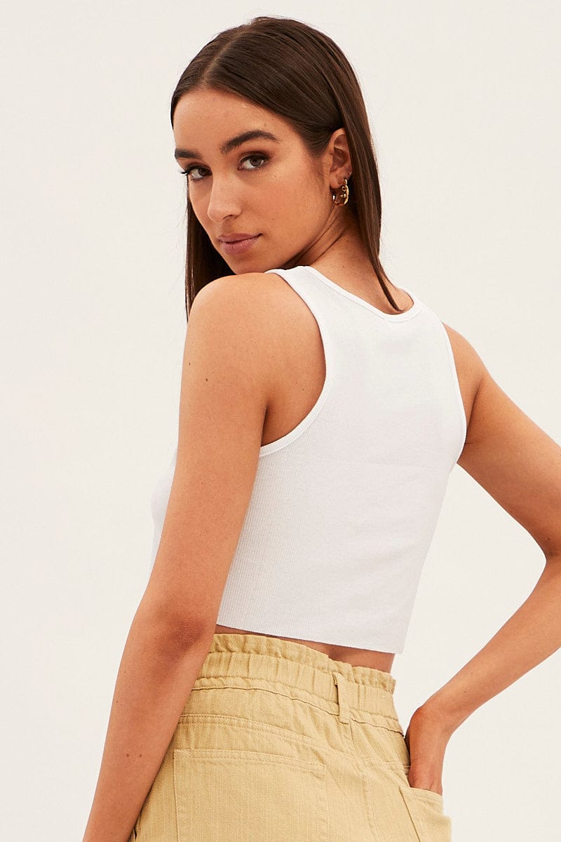 White Tank Top Round Neck Crop Downtown Printed for Ally Fashion