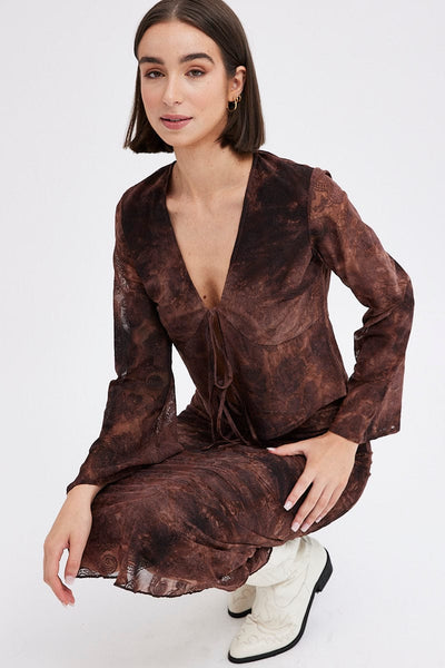 Red Paisley Tie Front Top Long Sleeve V Neck Mesh Flocked | Ally