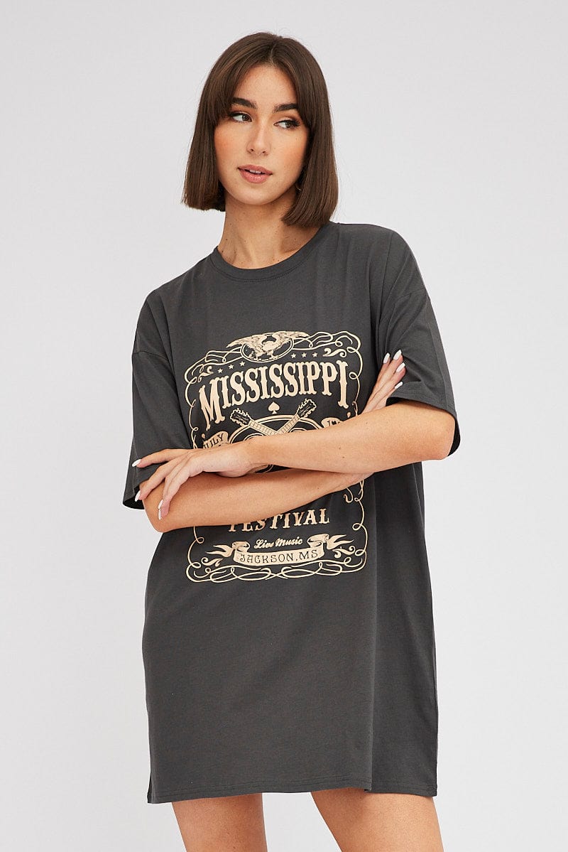 Black Graphic T Dress Short Sleeve for Ally Fashion