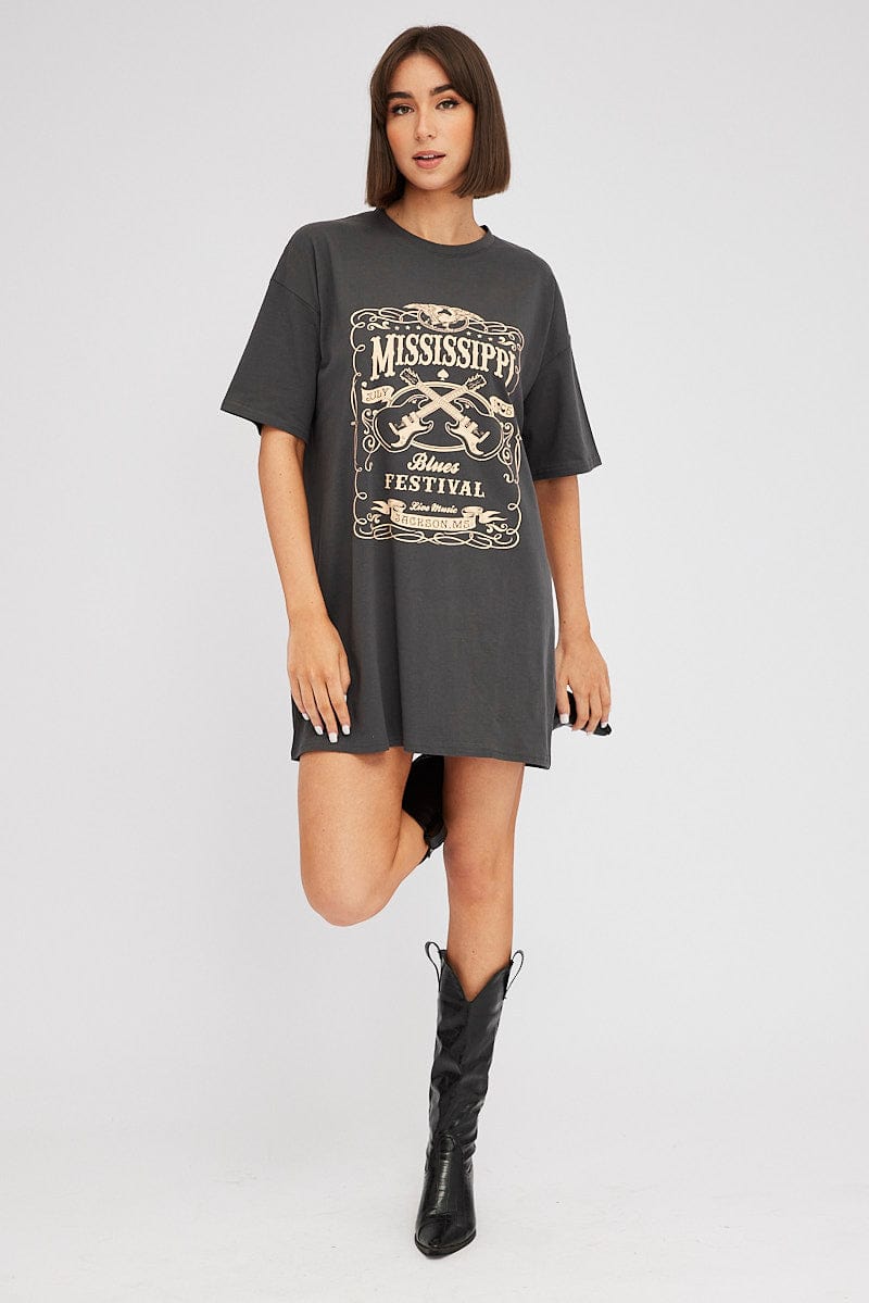 Black Graphic T Dress Short Sleeve for Ally Fashion