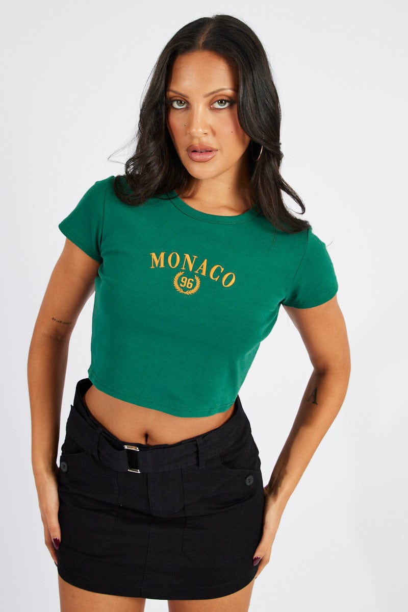 Green Graphic Tee Crop Short Sleeve for Ally Fashion