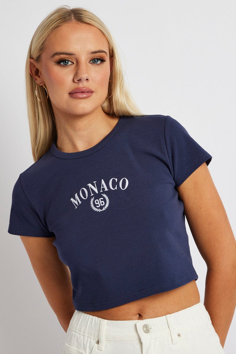 Blue Graphic Tee Crop Short Sleeve for Ally Fashion