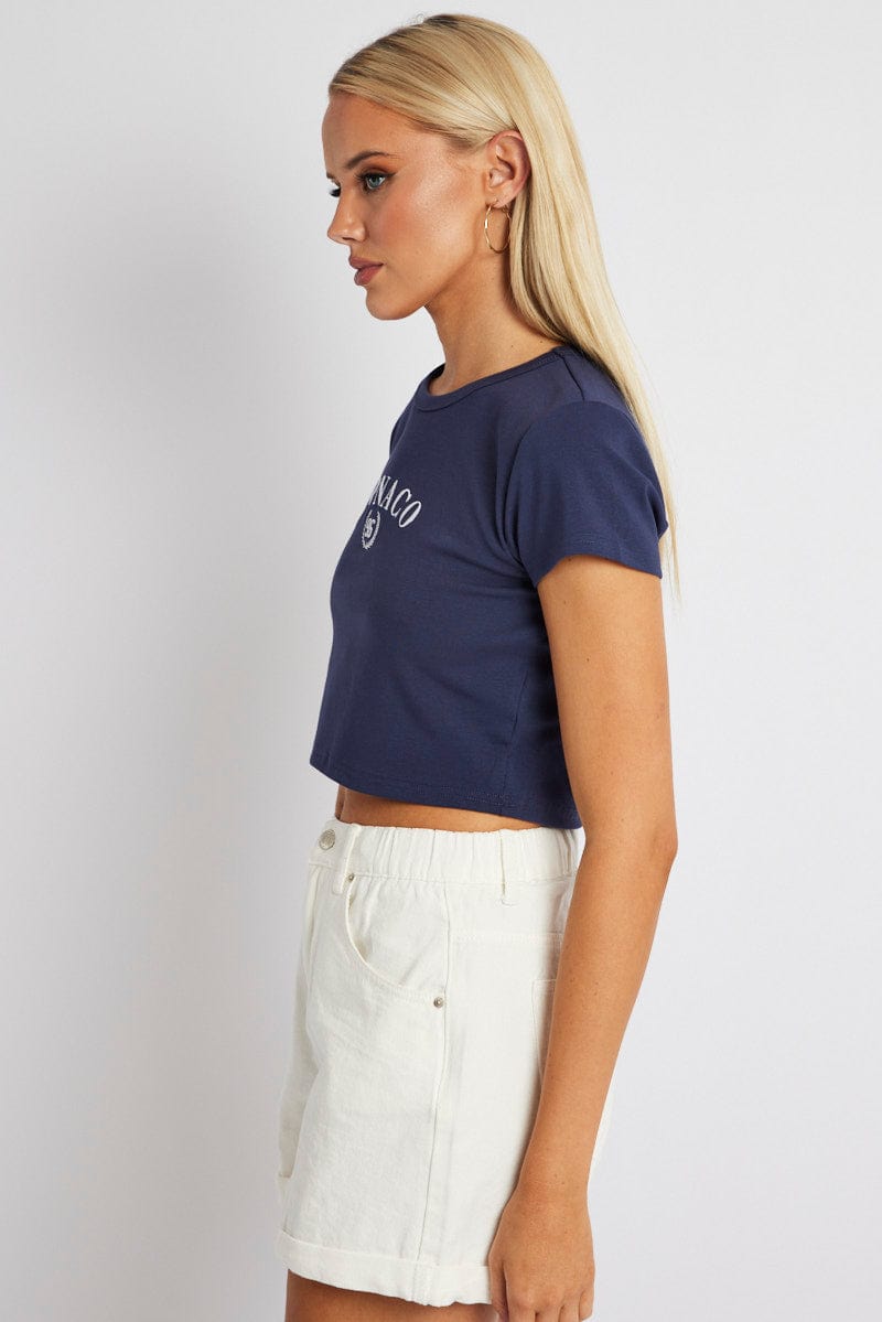 Blue Graphic Tee Crop Short Sleeve for Ally Fashion