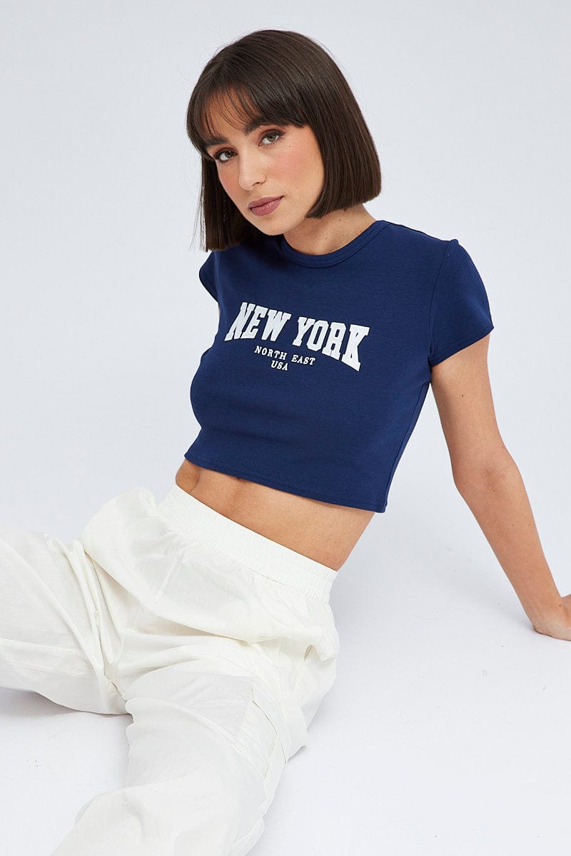 Blue Baby Tee Short Sleeve Crop Graphic for Ally Fashion