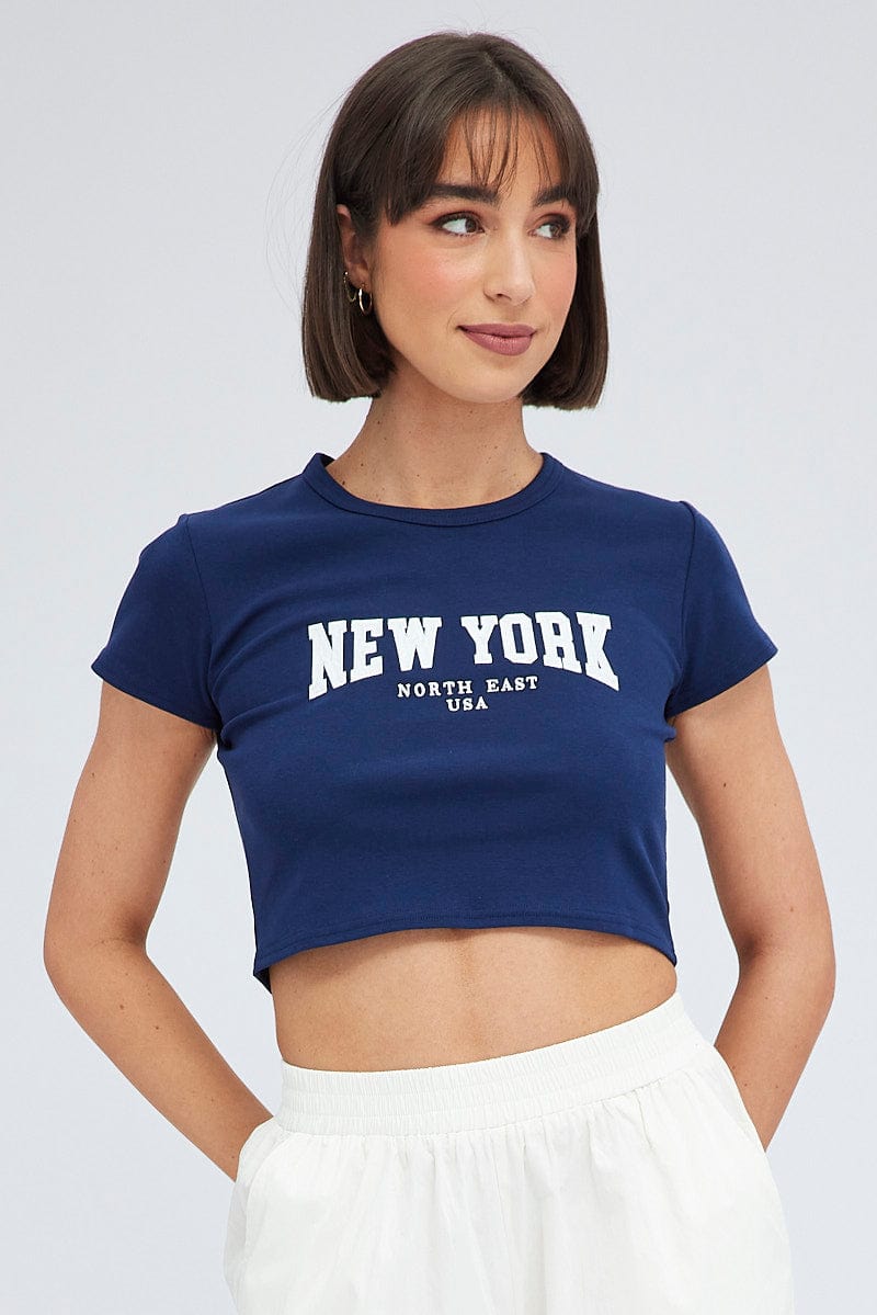 Blue Baby Tee Short Sleeve Crop Graphic for Ally Fashion