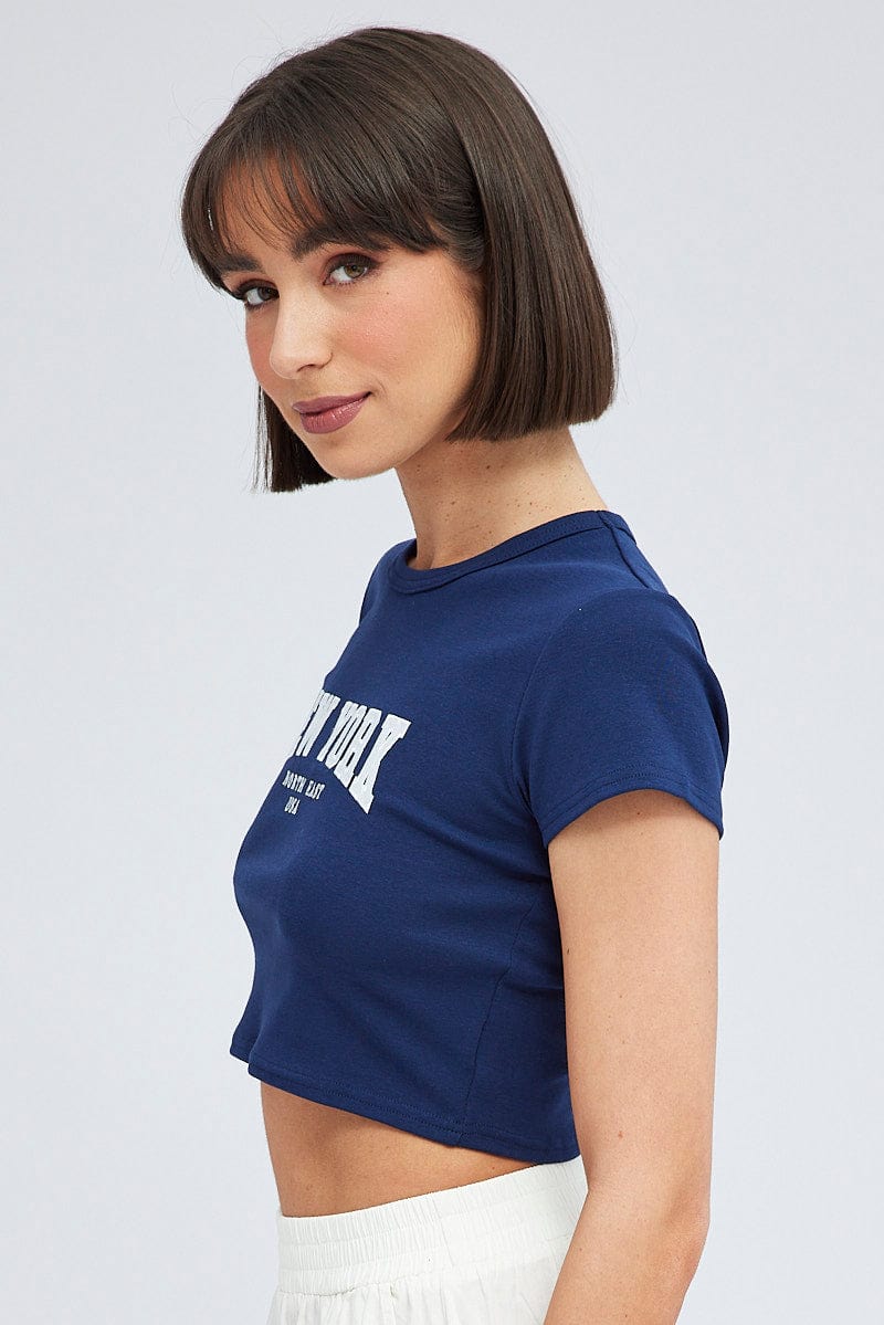 Blue Baby Tee Short Sleeve Crop Graphic for Ally Fashion