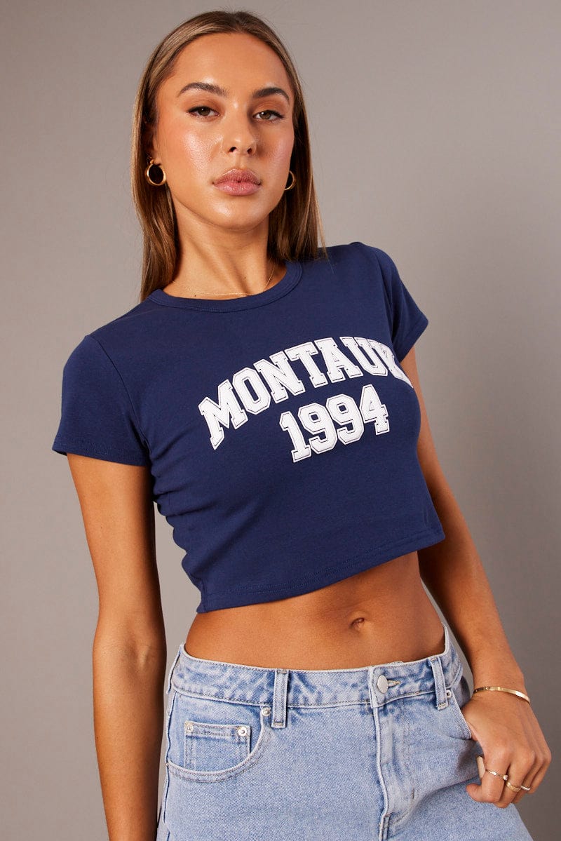 Blue Graphic Tee Crop Short Sleeve for Ally Fashion