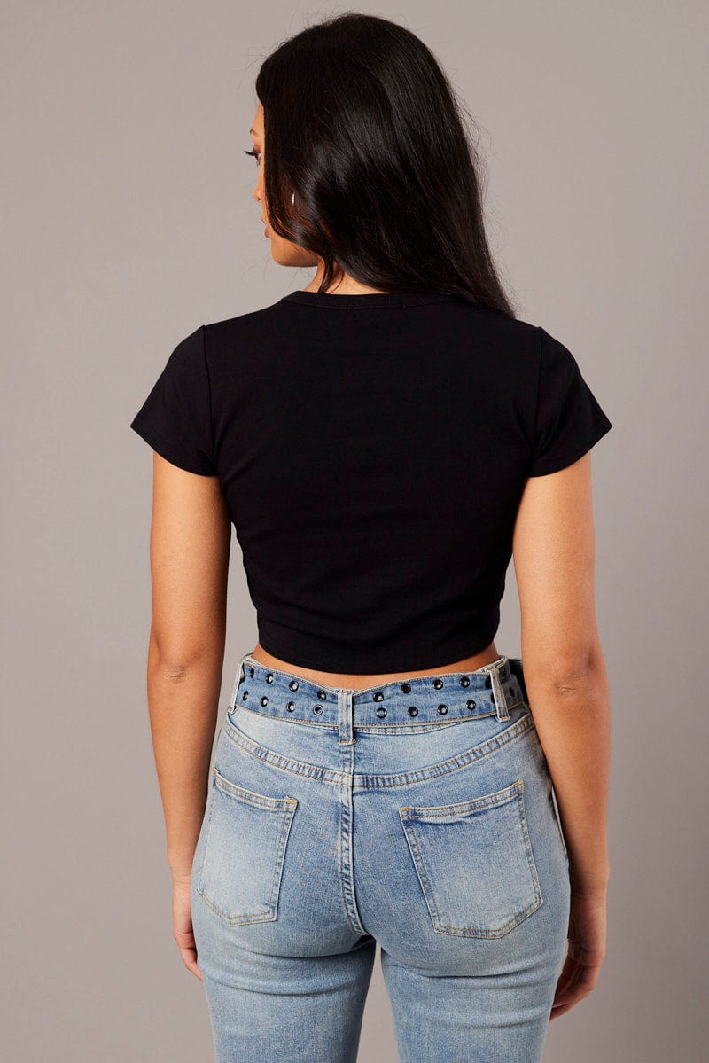 Black Graphic Tee Crop Short Sleeve for Ally Fashion