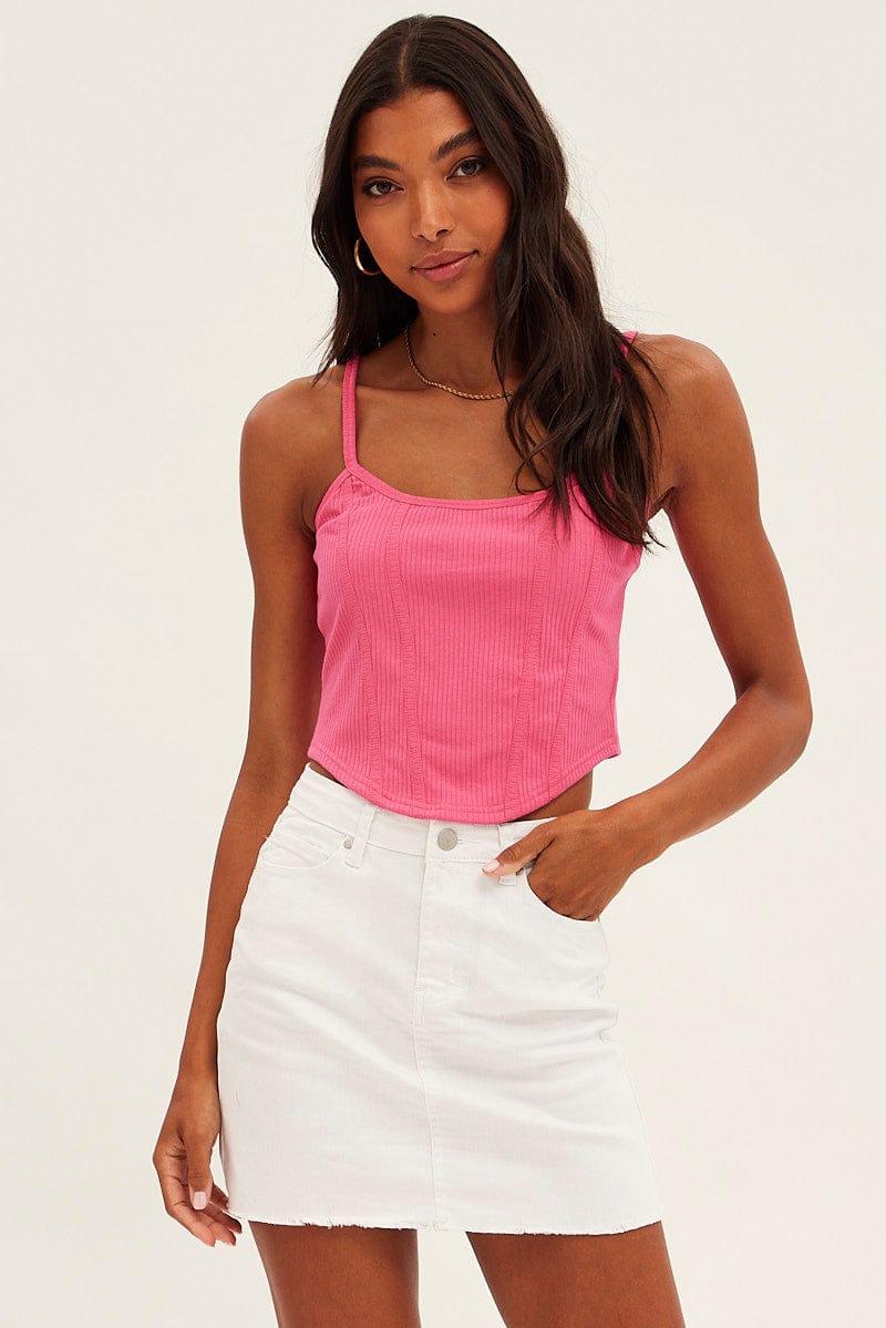 Pink Corset Singlet Sleeveless Scoop Neck Rib Jersey for Ally Fashion