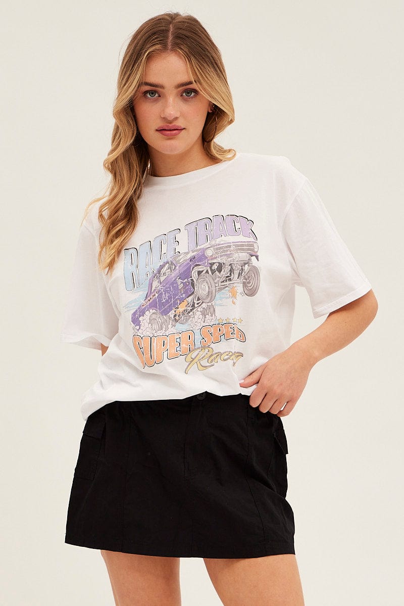 White Graphic Tee Short Sleeve Round Neck Vintage Car for Ally Fashion