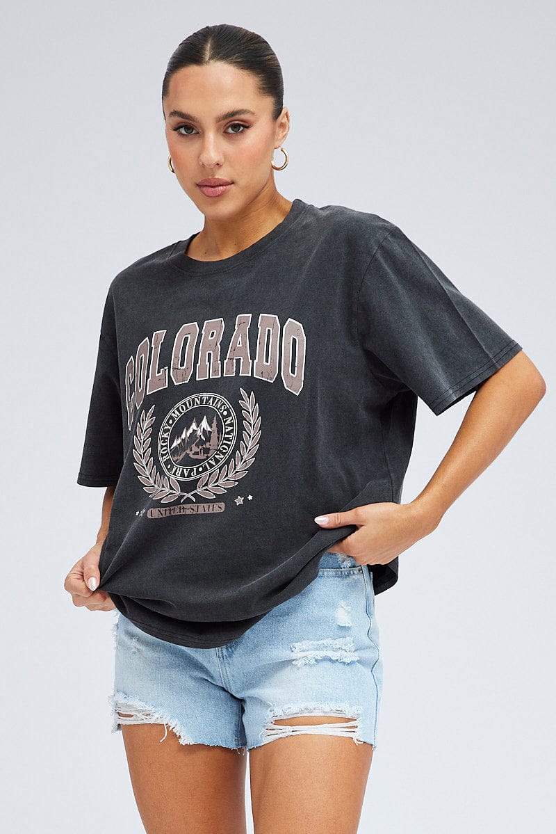 Grey Graphic Tee Short Sleeve Round Neck for Ally Fashion