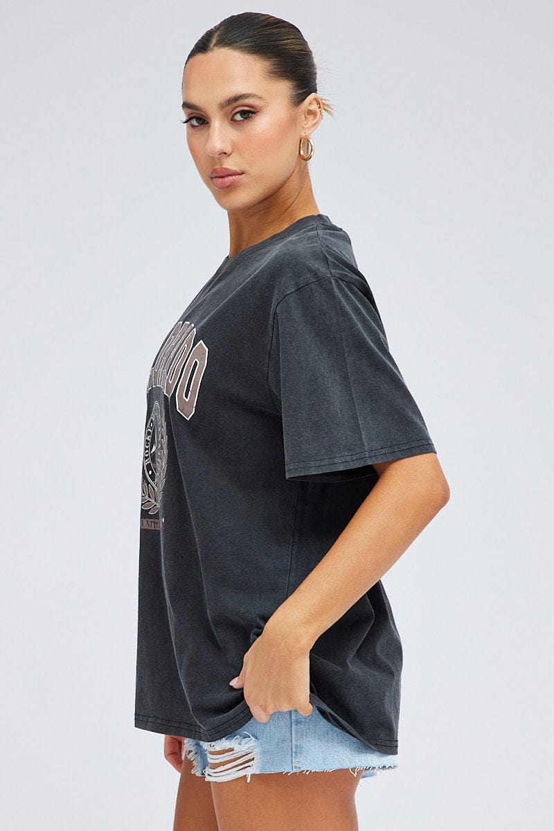 Grey Graphic Tee Short Sleeve Round Neck for Ally Fashion