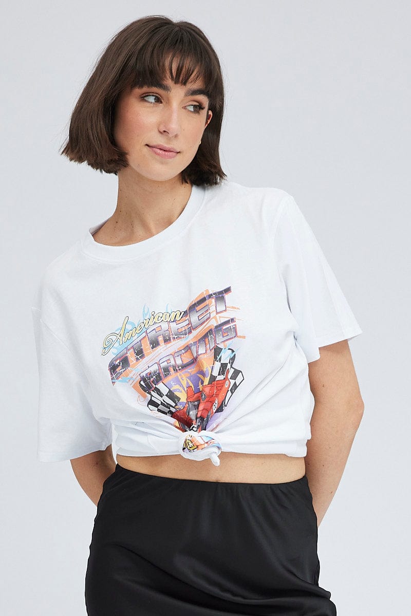 White Graphic Tee Short Sleeve Round Neck for Ally Fashion