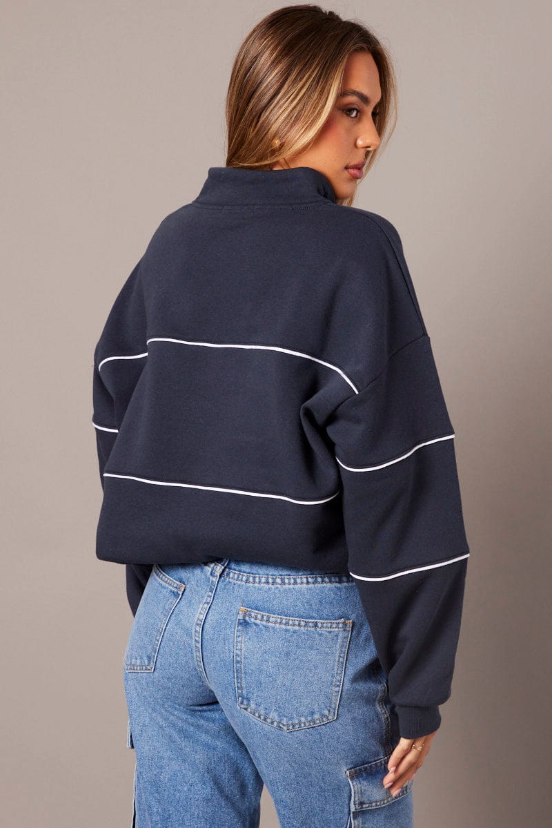 Blue Zip Sweater Funnel Neck Oversized for Ally Fashion